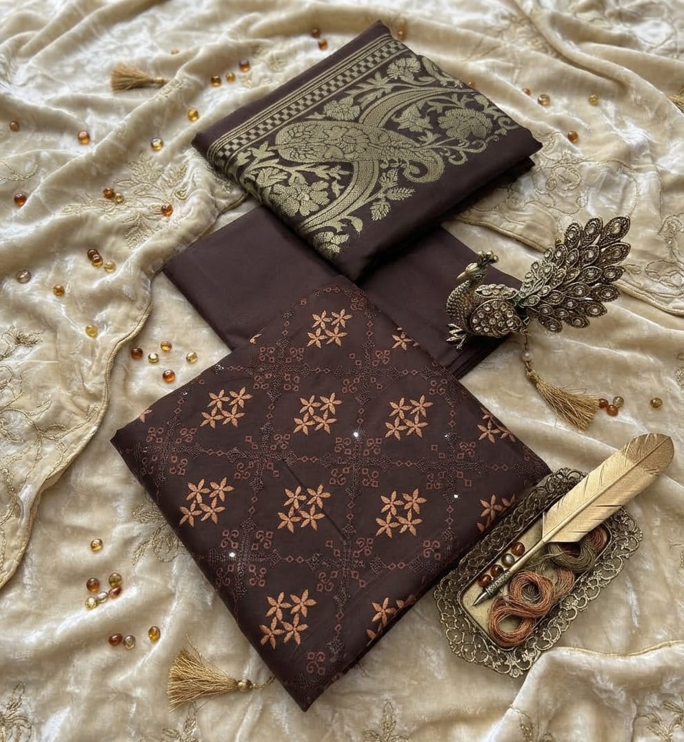 Luxury Dhanak Embroidered 3-Piece Suit with 3D Pashmina Shawl