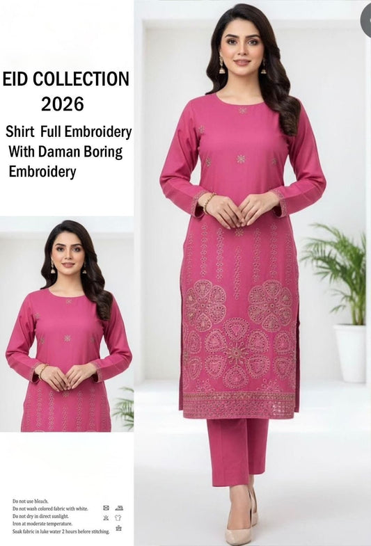 2 Pcs Premium Lawn Suit –  Heavy Embroidery with Daman Boring