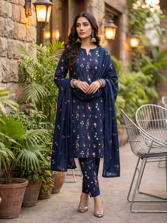 Premium Dhanak Embroidered 3 Pcs Ladies Suit – Ready to Wear Dupatta