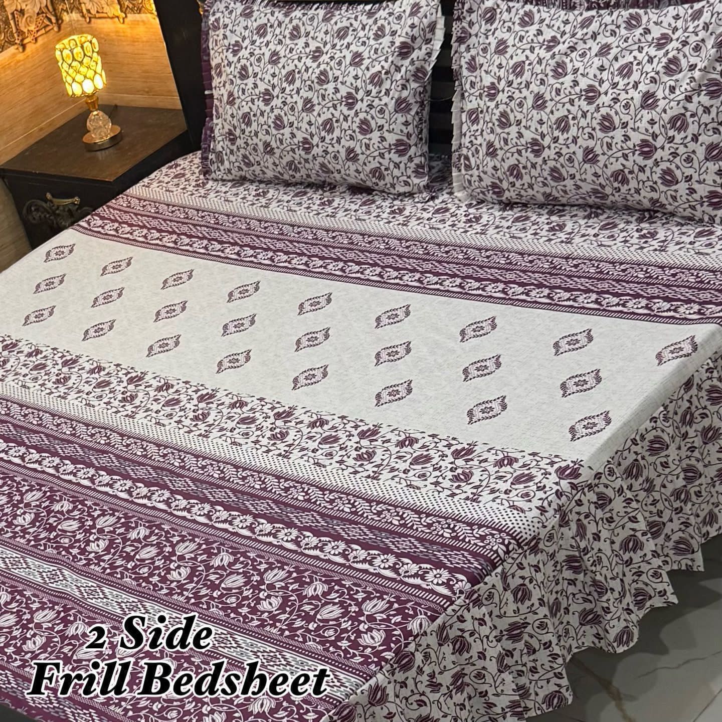 🌸 3 Pcs Cotton Frill Bedsheet Set – Elegant, Soft & Stylish 046