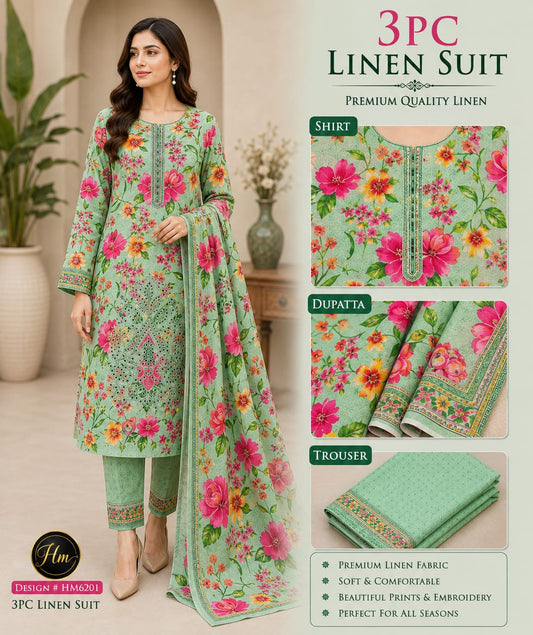 legant 3 Pcs Linen Ladies Suit – Embroidered Shirt wit dyed Trouser