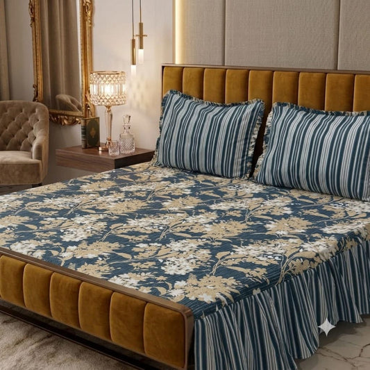 🌸 3 Pcs Cotton Frill Bedsheet Set – Elegant, Soft & Stylish 010