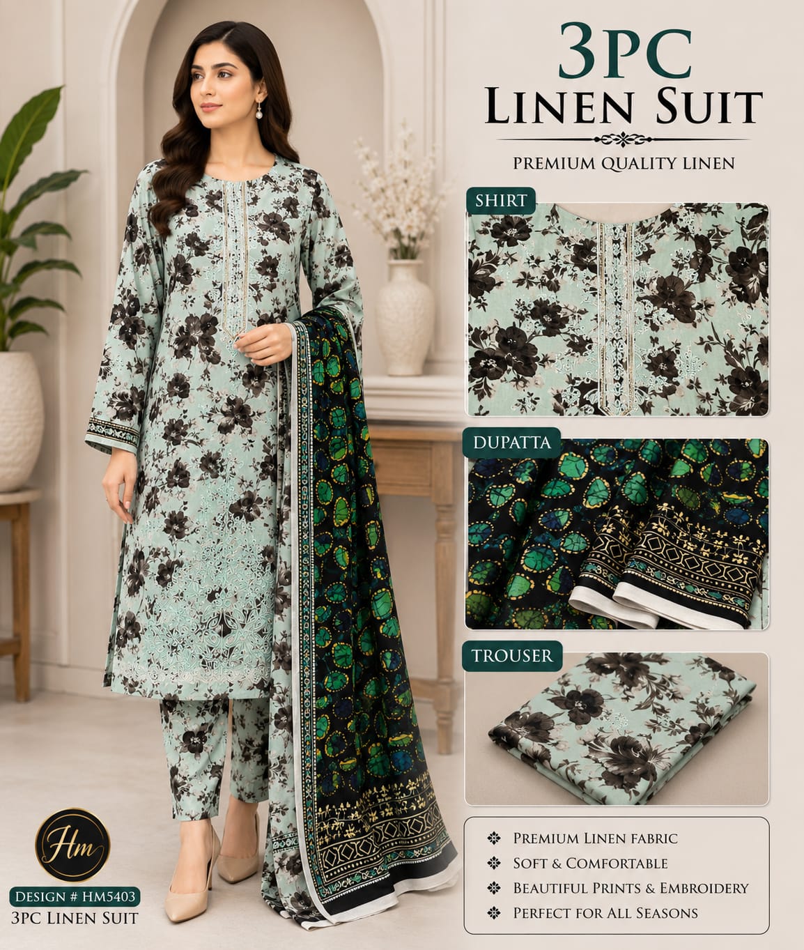 legant 3 Pcs Linen Ladies Suit – Embroidered Shirt wit pinted Trouser