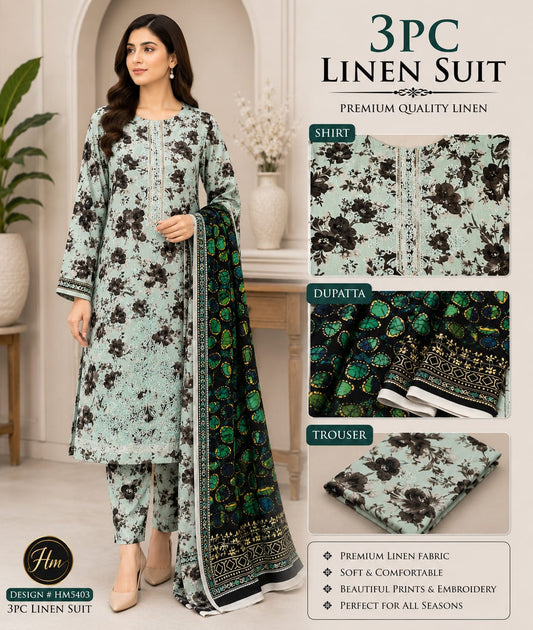 legant 3 Pcs Linen Ladies Suit – Embroidered Shirt wit pinted Trouser