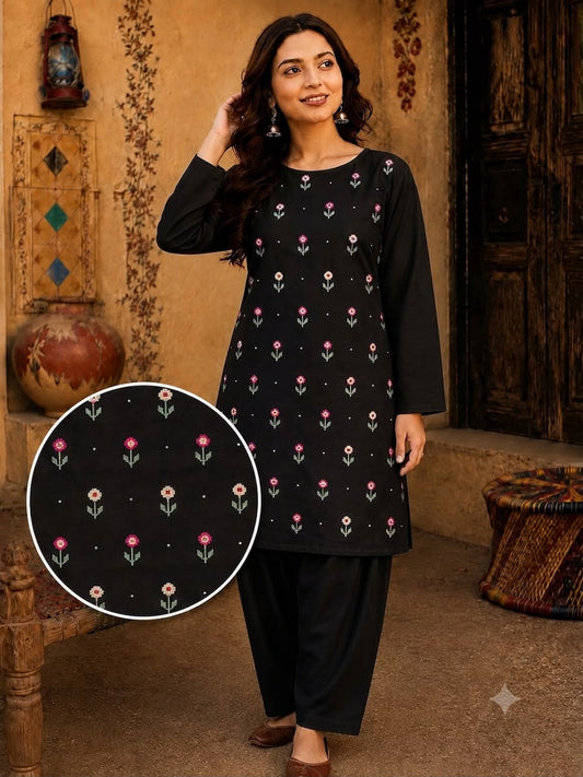 Soft & Warm Khaddar 2 Pcs Ladies Suit – Embroidered Shirt & Plain Trouser S07
