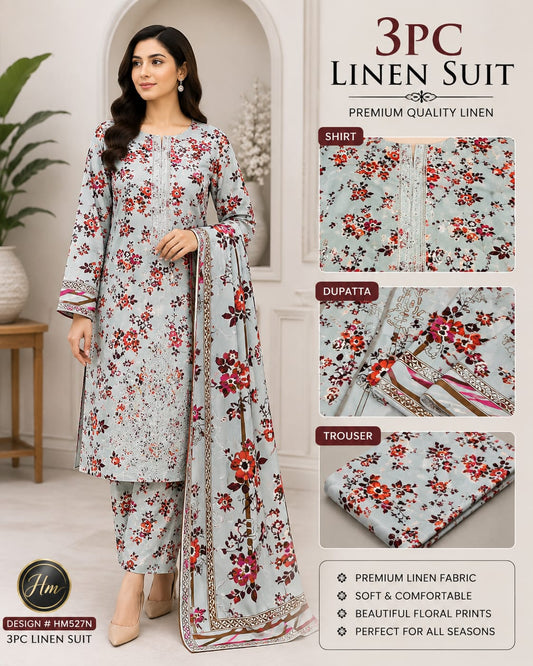 legant 3 Pcs Linen Ladies Suit – Embroidered Shirt wit printed Trouser