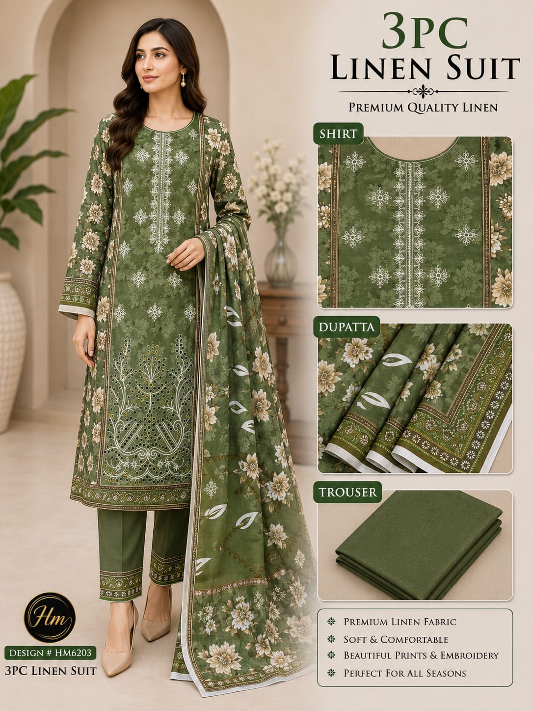 legant 3 Pcs Linen Ladies Suit – Embroidered Shirt wit dyed Trouser
