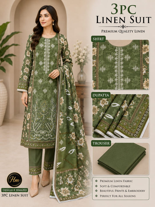 legant 3 Pcs Linen Ladies Suit – Embroidered Shirt wit dyed Trouser