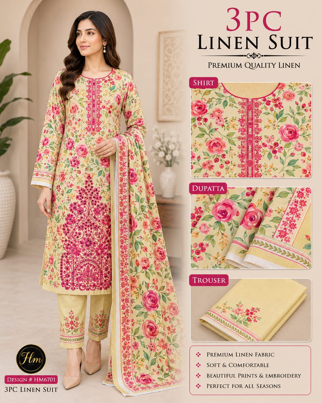 legant 3 Pcs Linen Ladies Suit – Embroidered Shirt wit dyed Trouser