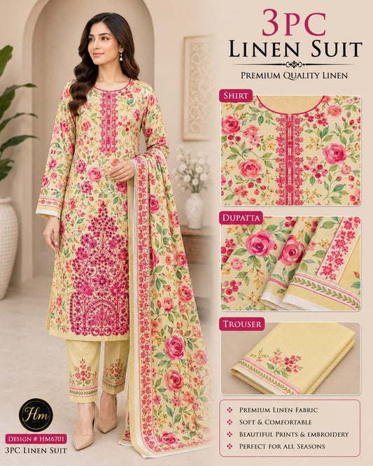 legant 3 Pcs Linen Ladies Suit – Embroidered Shirt wit dyed Trouser