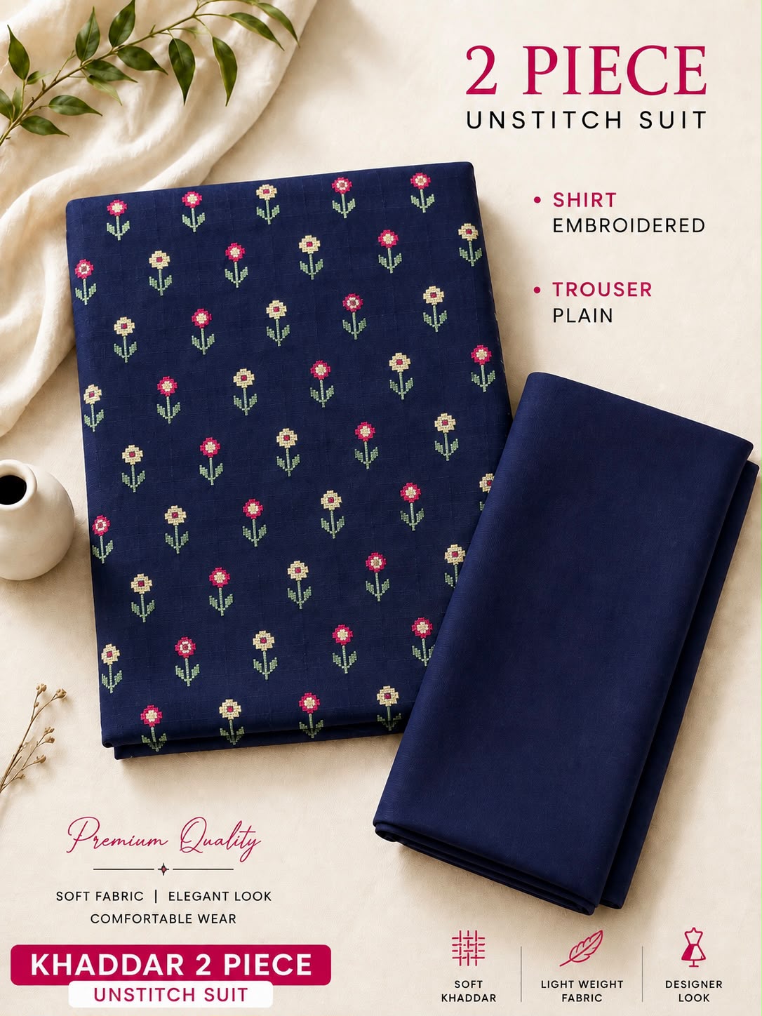 Soft & Warm Khaddar 2 Pcs Ladies Suit – Embroidered Shirt & Plain Trouser S02