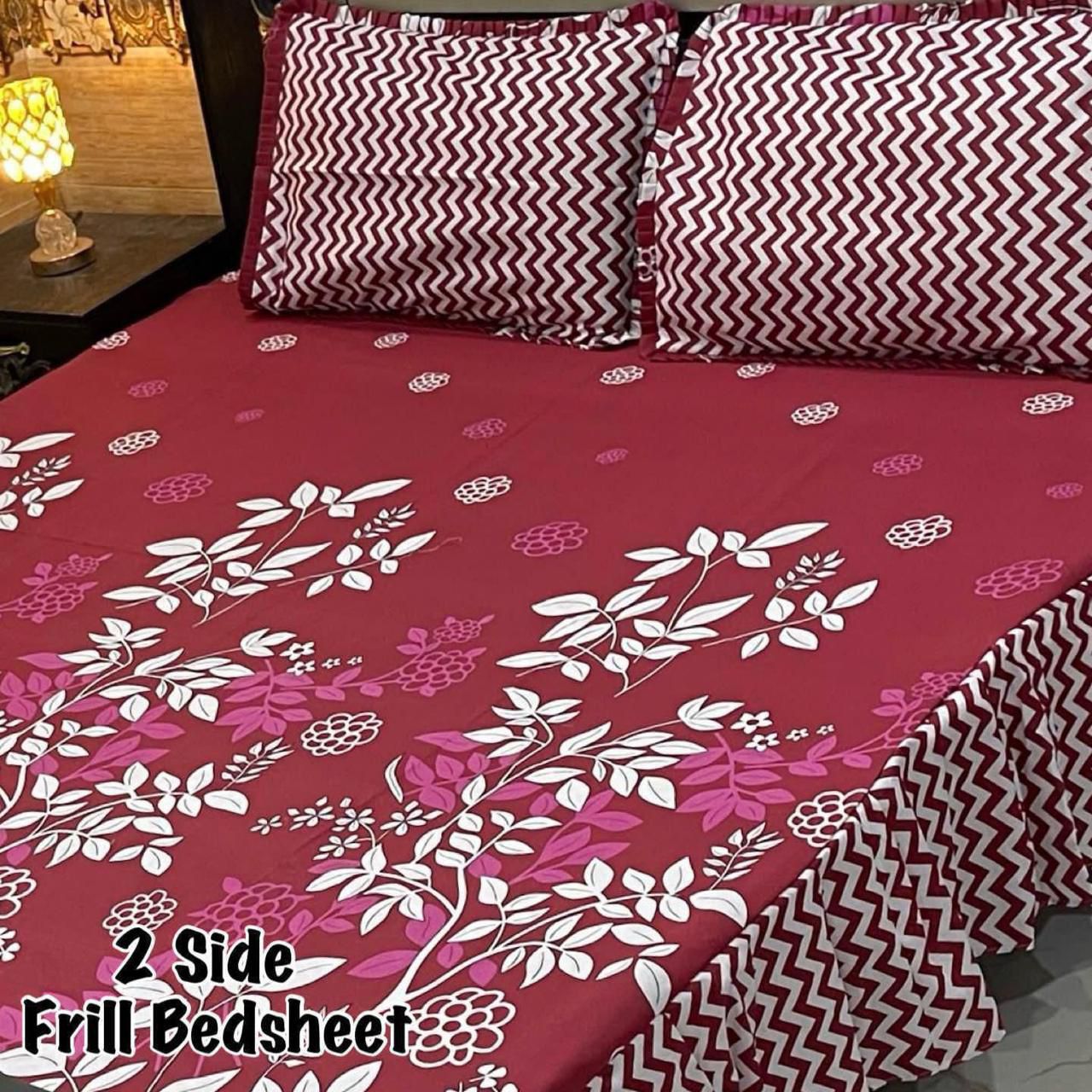 🌸 3 Pcs Cotton Frill Bedsheet Set – Elegant, Soft & Stylish 049