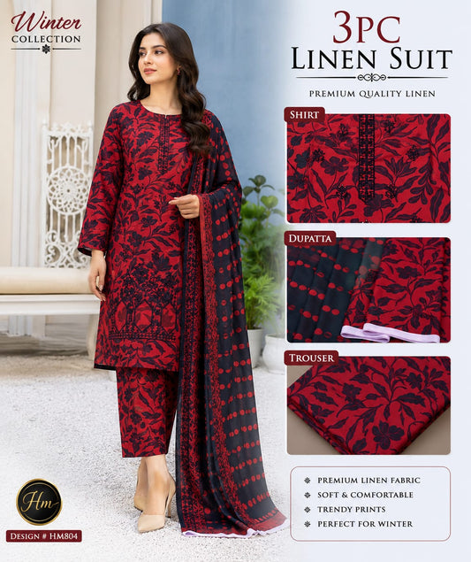 legant 3 Pcs Linen Ladies Suit – Embroidered Shirt wit pinted Trouser
