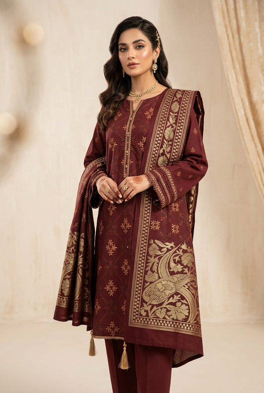 Luxury Dhanak Embroidered 3-Piece Suit with 3D Pashmina Shawl