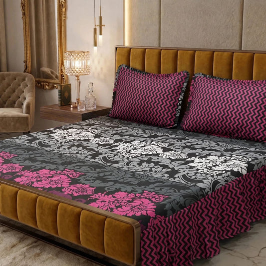 🌸 3 Pcs Cotton Frill Bedsheet Set – Elegant, Soft & Stylish 011