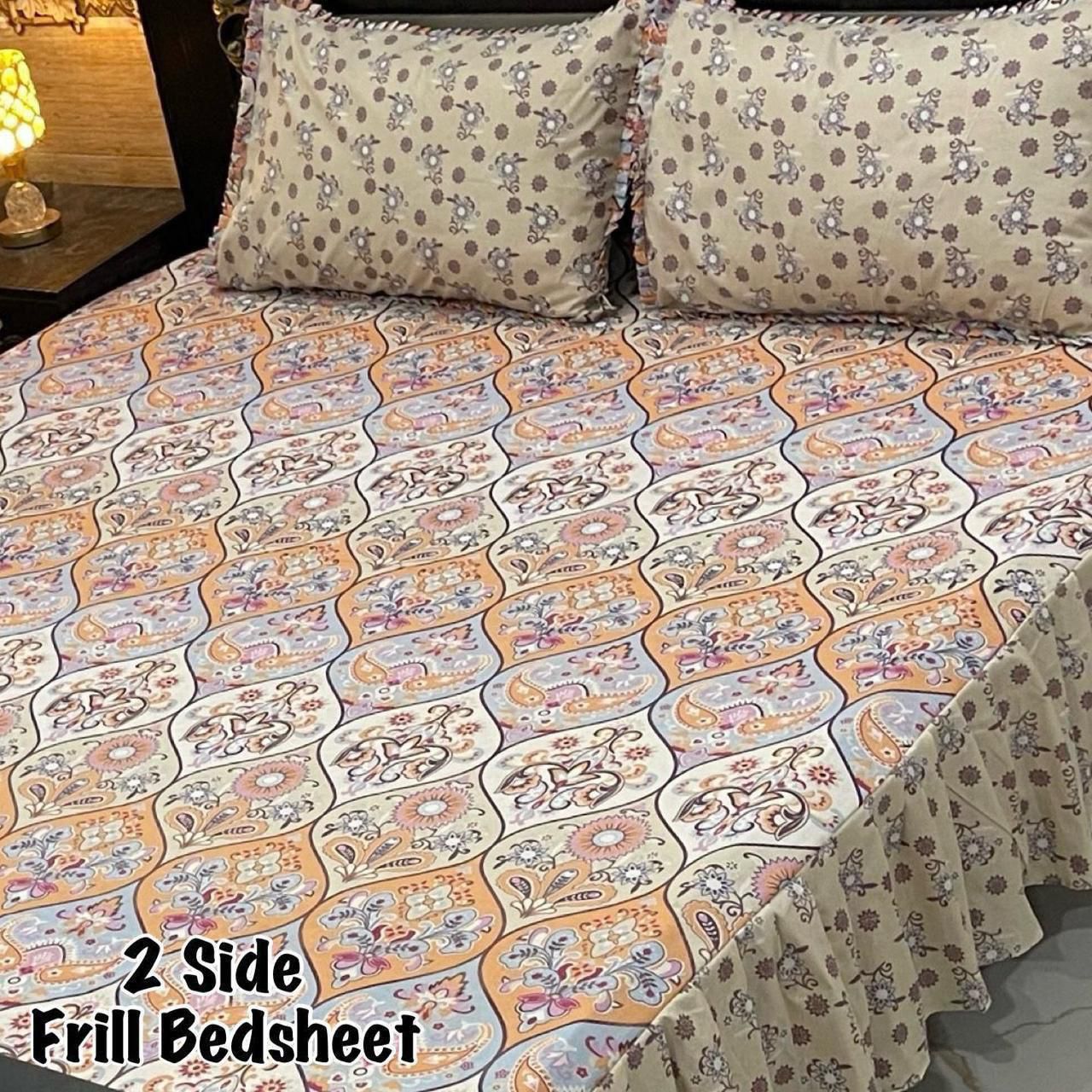 🌸 3 Pcs Cotton Frill Bedsheet Set – Elegant, Soft & Stylish 068