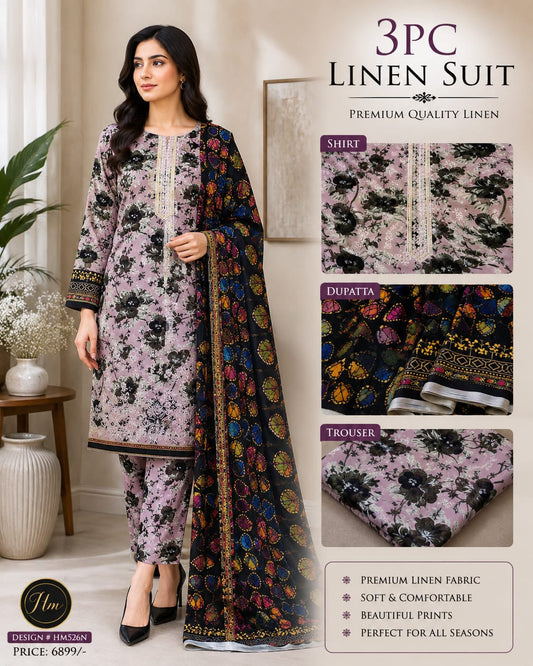 legant 3 Pcs Linen Ladies Suit – Embroidered Shirt wit pinted Trouser