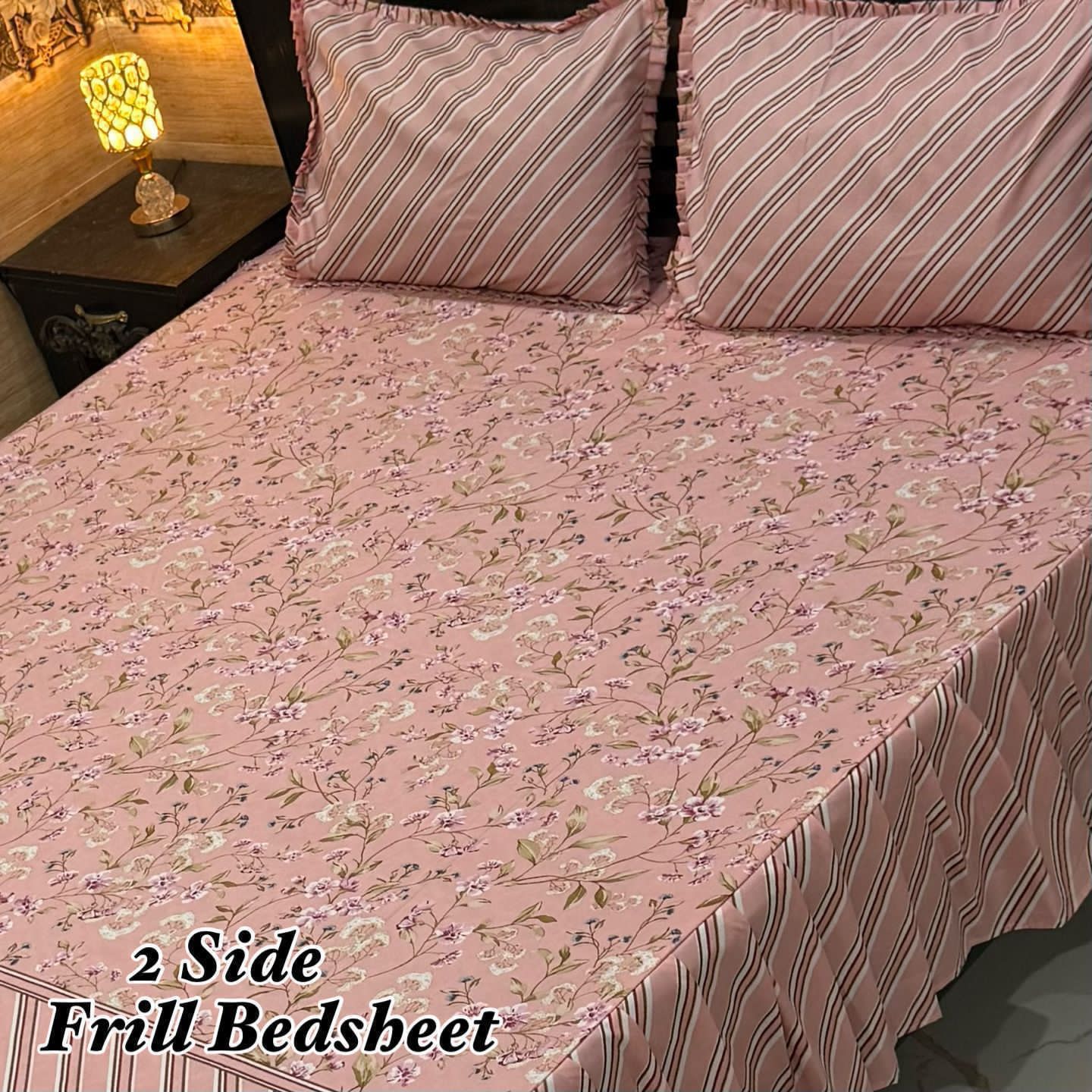 🌸 3 Pcs Cotton Frill Bedsheet Set – Elegant, Soft & Stylish 069