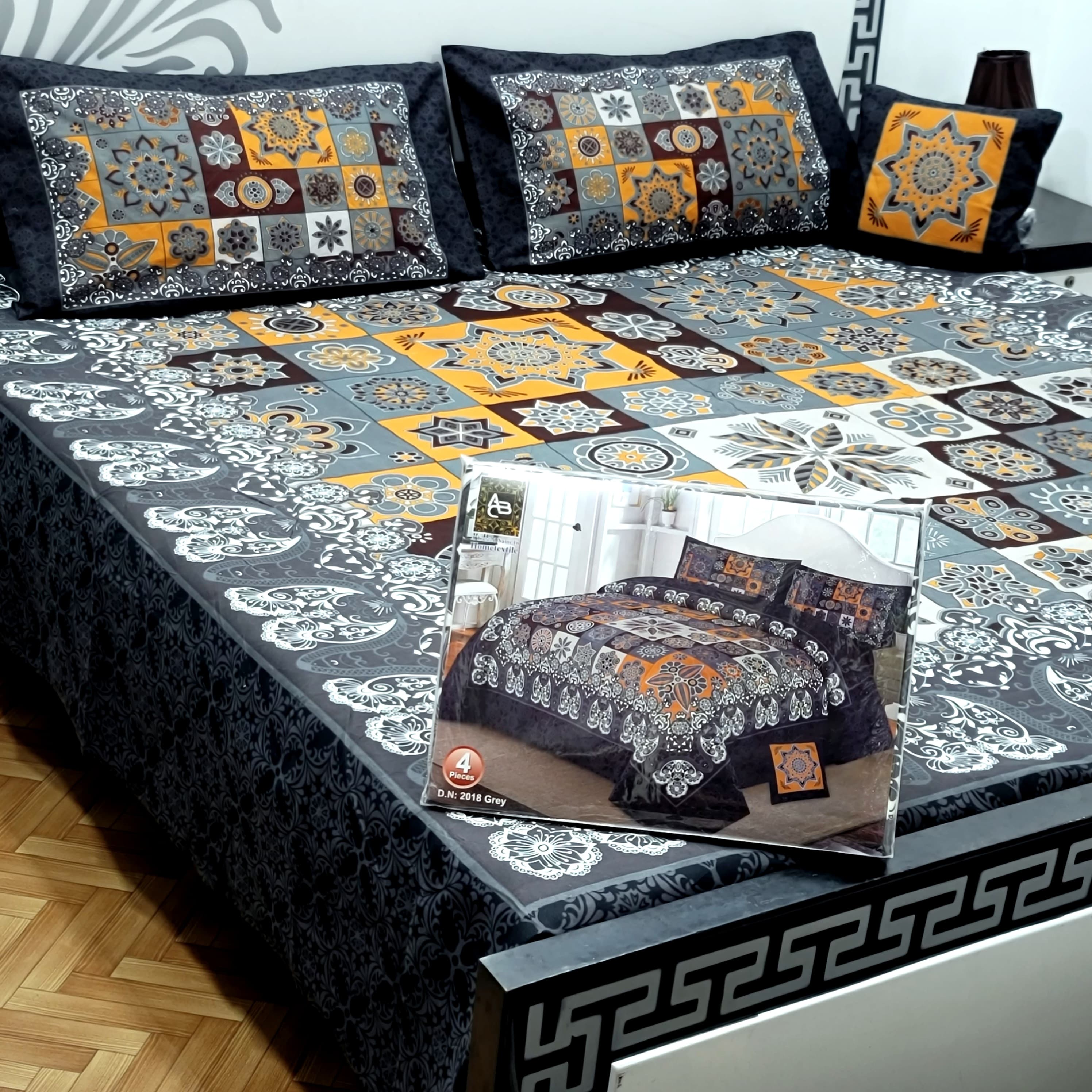 Designer Bed Sheet Set - 4pcs Panel Design 017