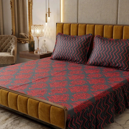 🌸 3 Pcs Cotton Frill Bedsheet Set – Elegant, Soft & Stylish 015