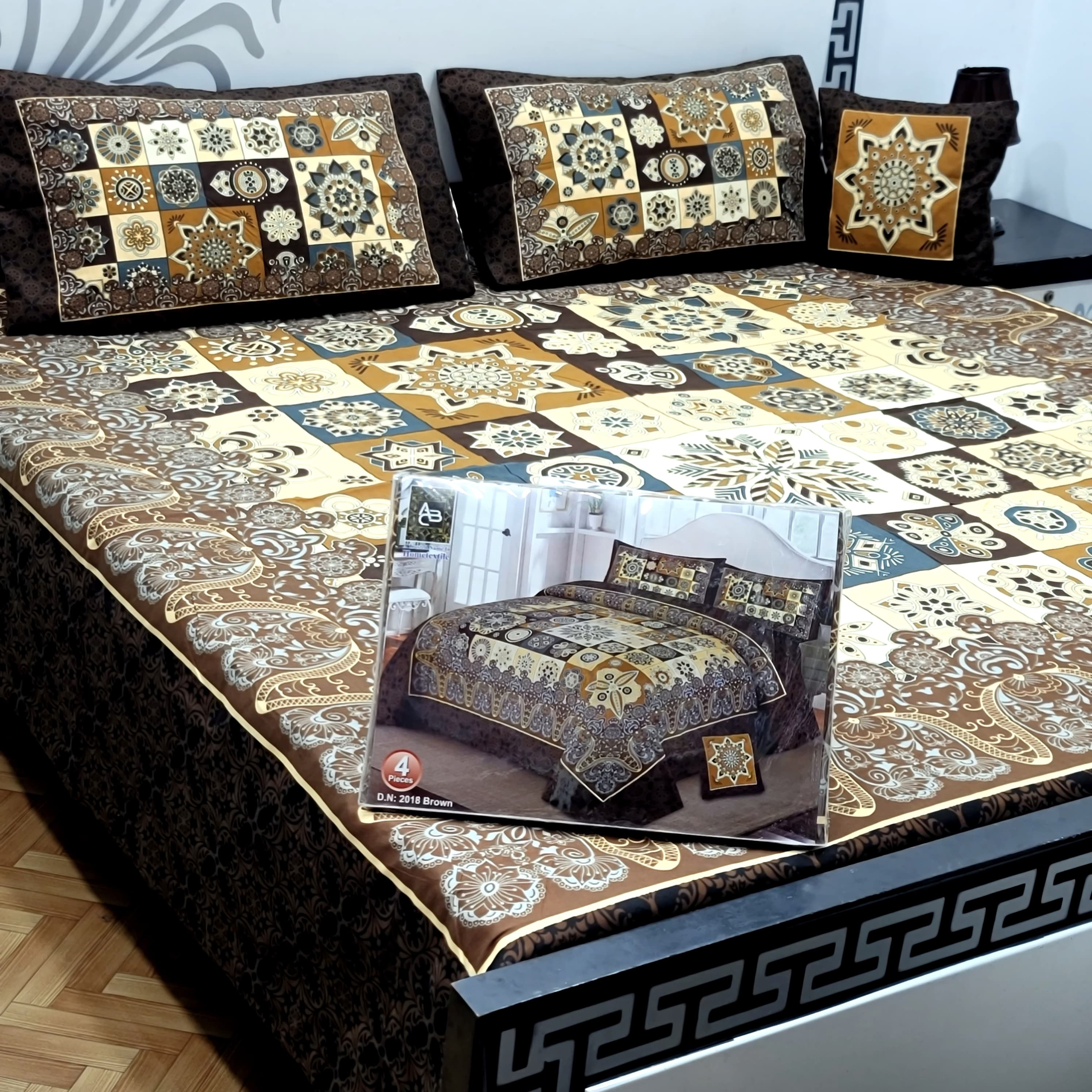 Designer Bed Sheet Set - 4pcs Panel Design 018