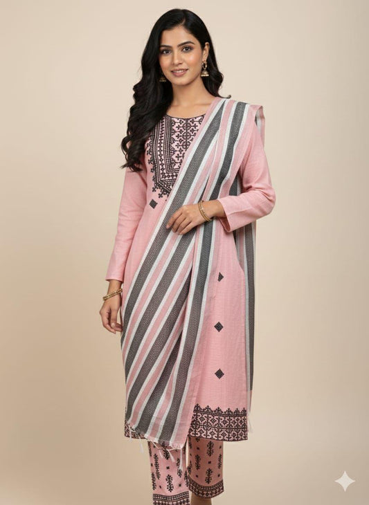 3 Pcs Khaddi Khadar Suit with Jacquard Velvet Shawl