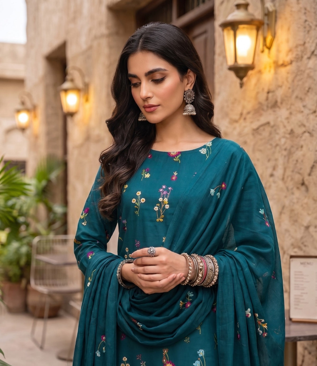 Premium Dhanak Embroidered 3 Pcs Ladies Suit – Ready to Wear Dupatta