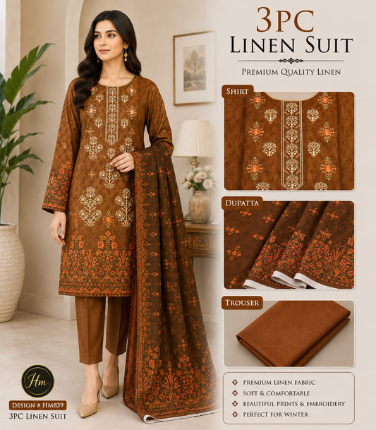 legant 3 Pcs Linen Ladies Suit – Embroidered Shirt wit dyed Trouser