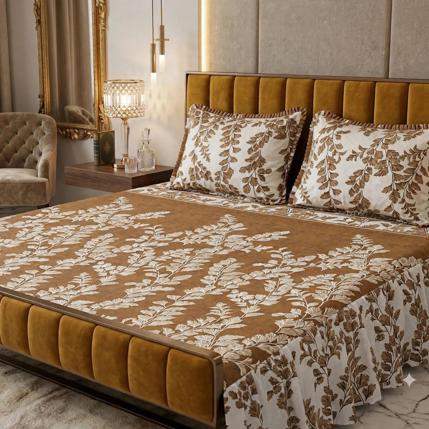 🌸 3 Pcs Cotton Frill Bedsheet Set – Elegant, Soft & Stylish 017