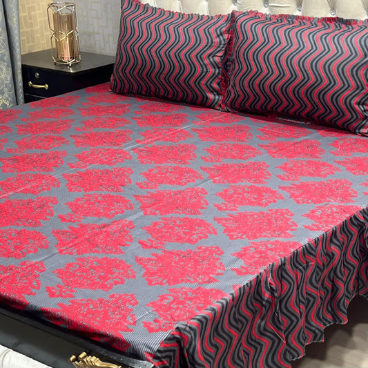 🌸 3 Pcs Cotton Frill Bedsheet Set – Elegant, Soft & Stylish 029