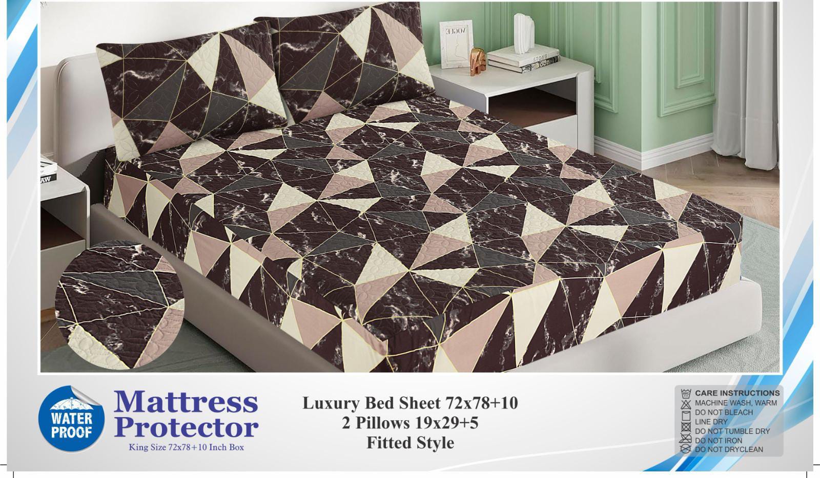 3 Pcs Printed Waterproof Mattress Protector - Quilted -  King 010