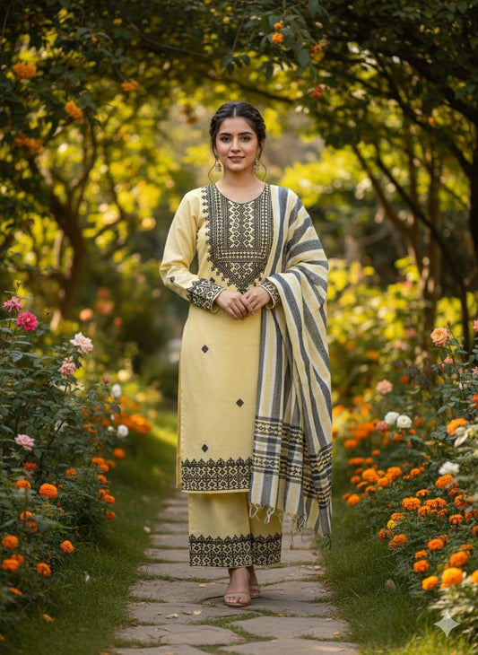 3 Pcs Khaddi Khadar Suit with Jacquard Velvet Shawl