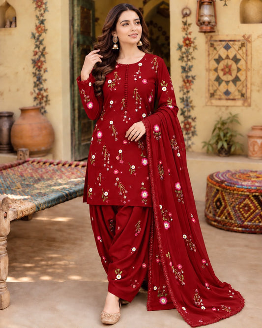 Premium Dhanak Embroidered 3 Pcs Ladies Suit – Ready to Wear Dupatta