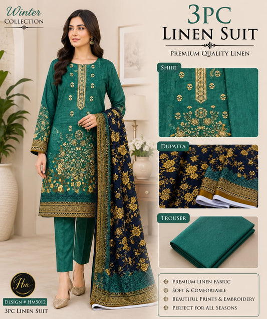 legant 3 Pcs Linen Ladies Suit – Embroidered Shirt wit dyed Trouser