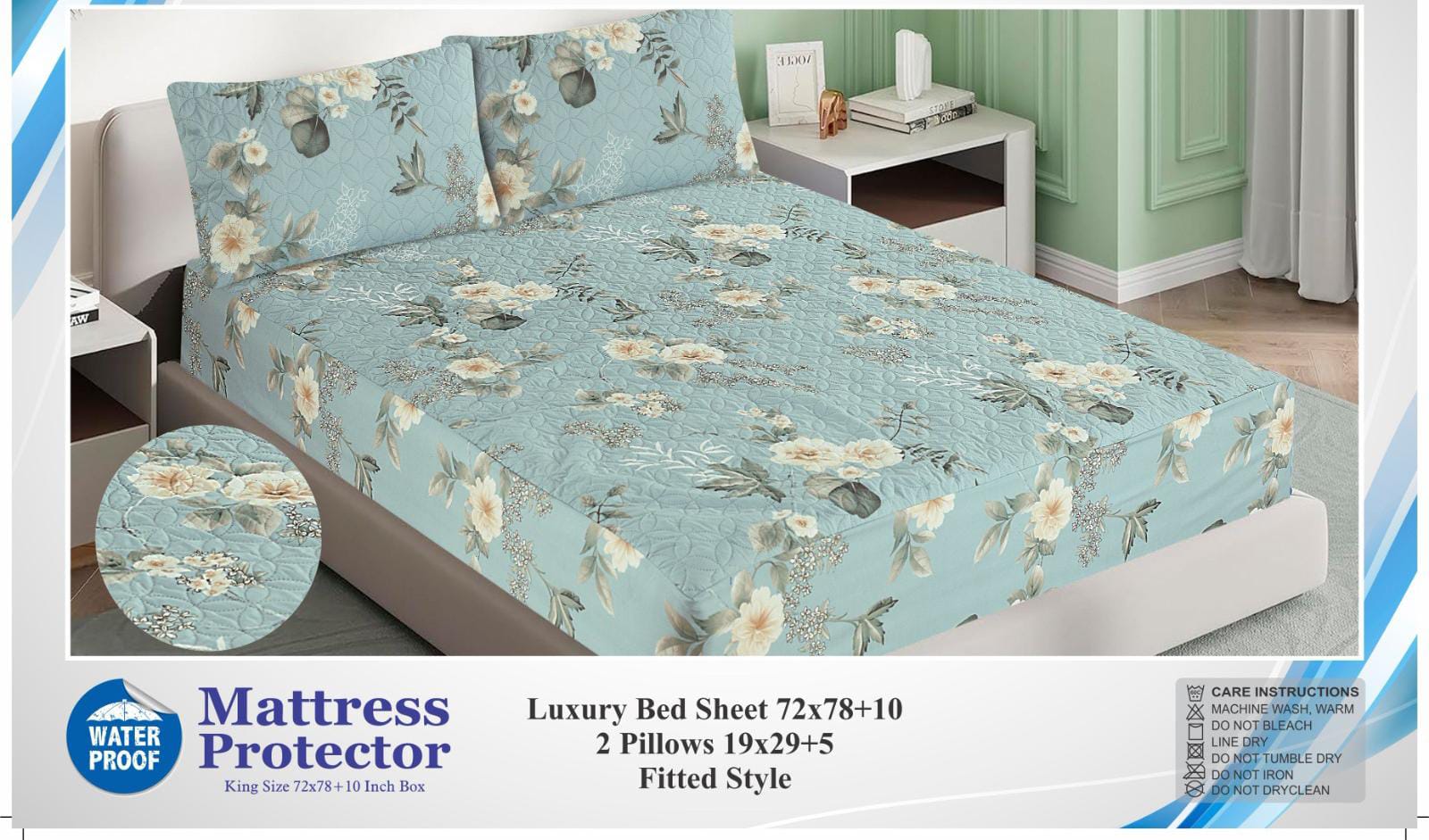 3 Pcs Printed Waterproof Mattress Protector - Quilted -  King 012