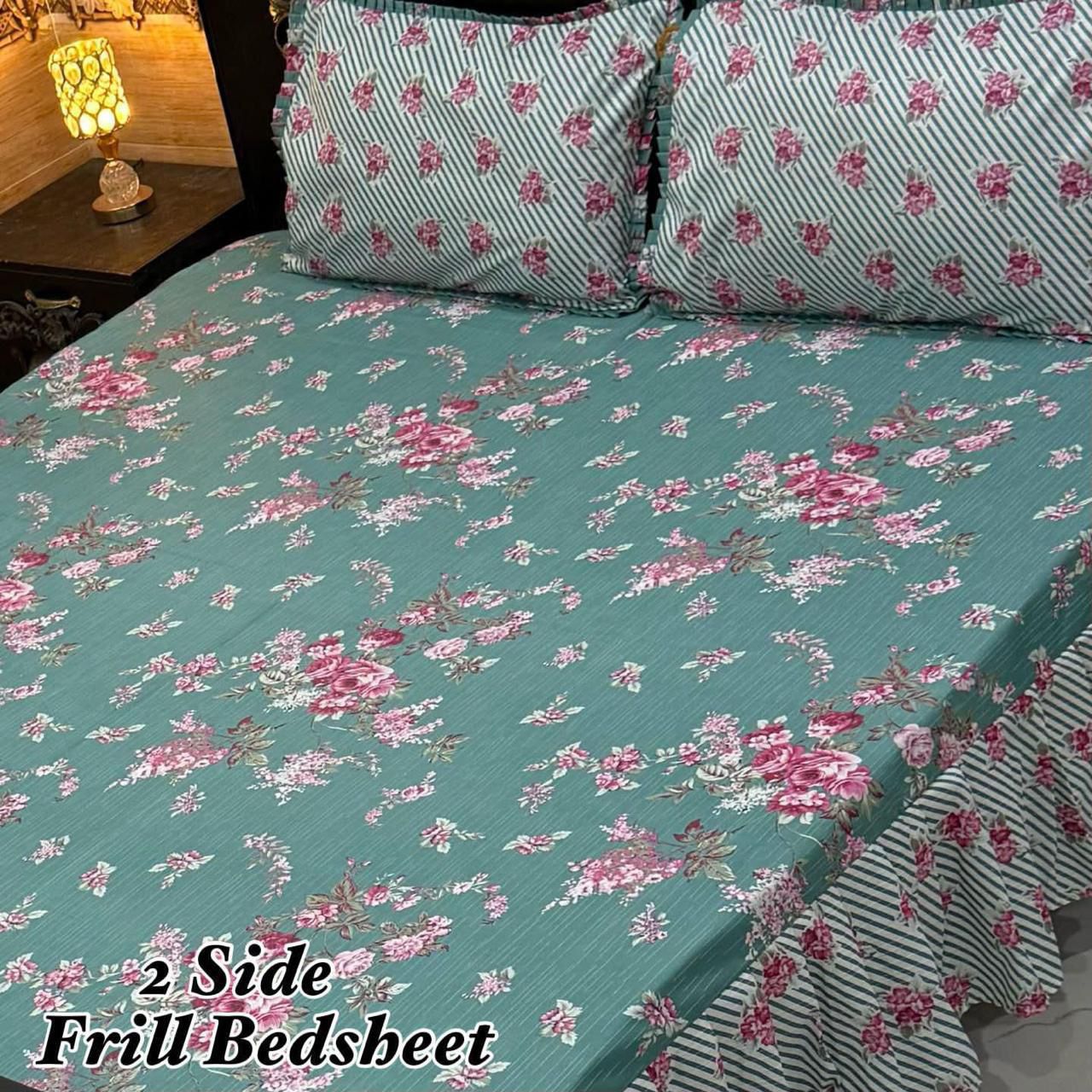 🌸 3 Pcs Cotton Frill Bedsheet Set – Elegant, Soft & Stylish 078