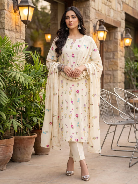 Premium Dhanak Embroidered 3 Pcs Ladies Suit – Ready to Wear Dupatta
