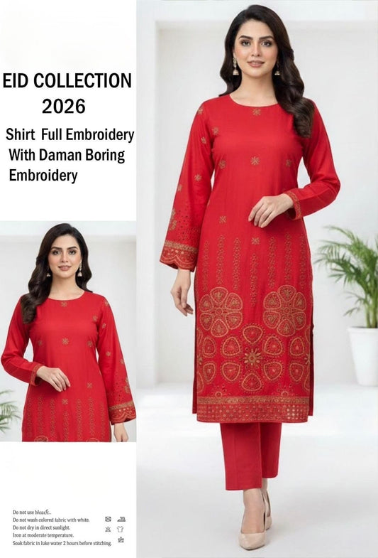 2 Pcs Premium Lawn Suit –  Heavy Embroidery with Daman Boring