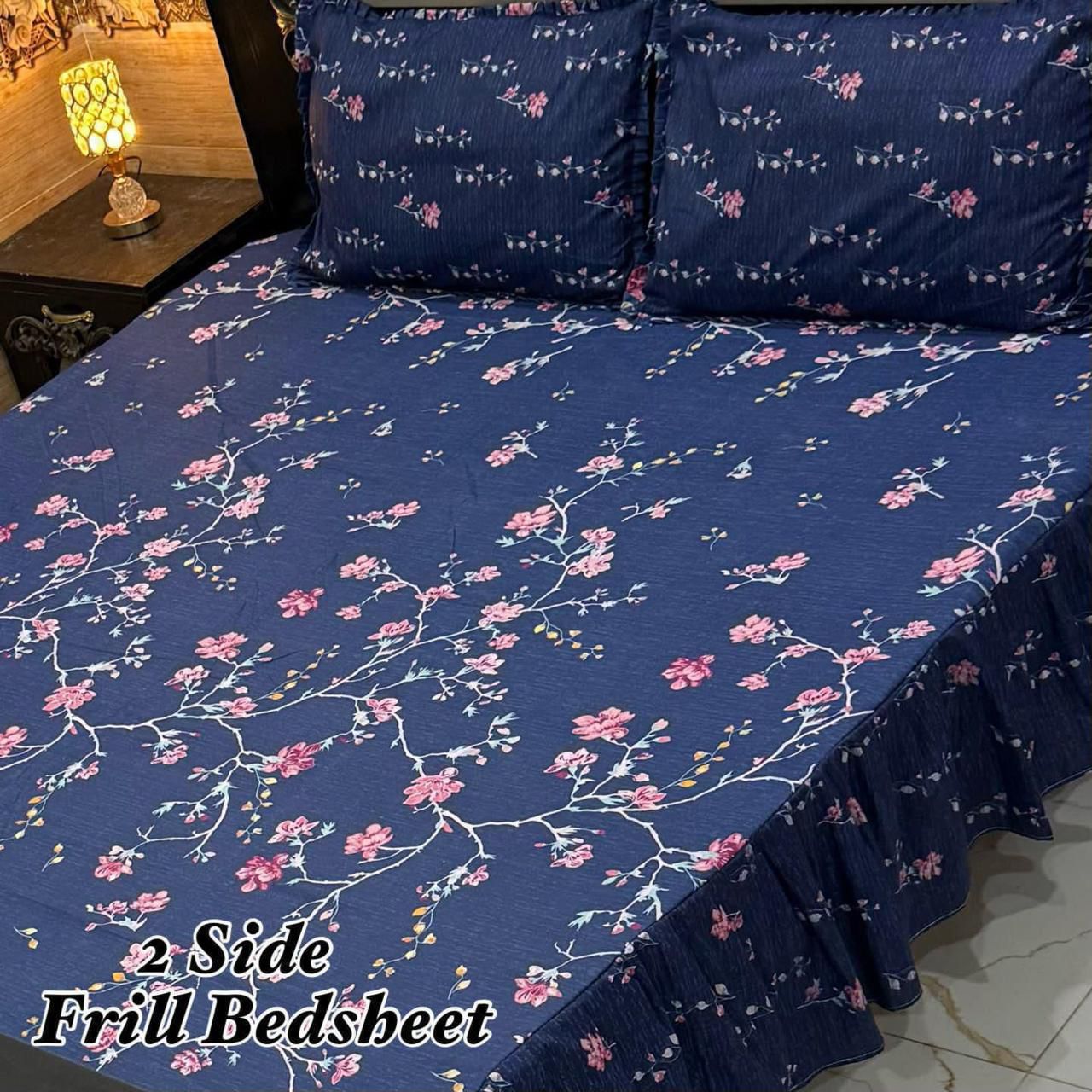 🌸 3 Pcs Cotton Frill Bedsheet Set – Elegant, Soft & Stylish 079