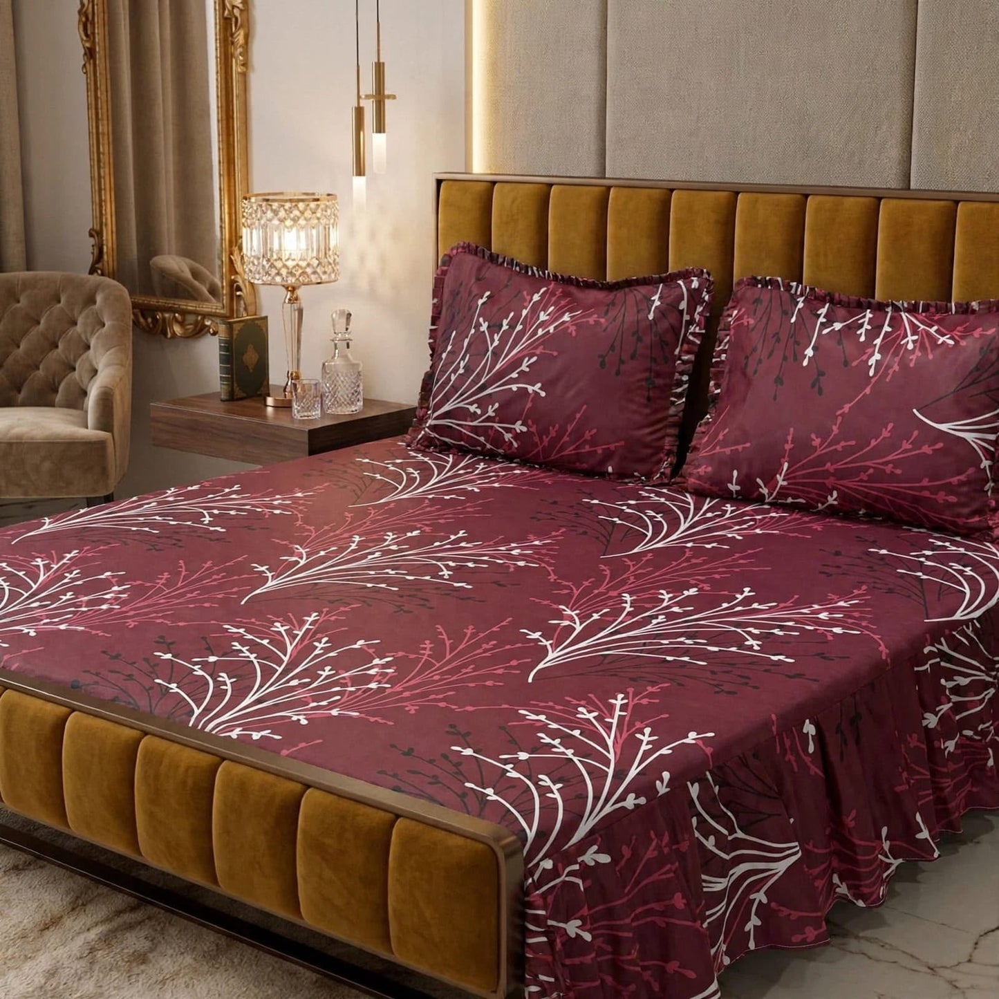 🌸 3 Pcs Cotton Frill Bedsheet Set – Elegant, Soft & Stylish 020