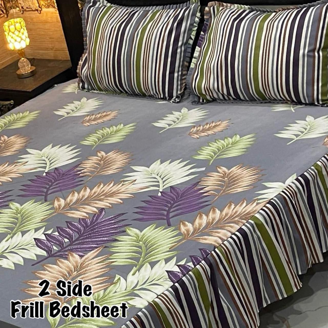 🌸 3 Pcs Cotton Frill Bedsheet Set – Elegant, Soft & Stylish 080