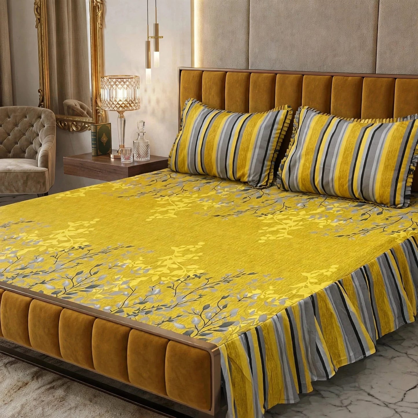 🌸 3 Pcs Cotton Frill Bedsheet Set – Elegant, Soft & Stylish 023
